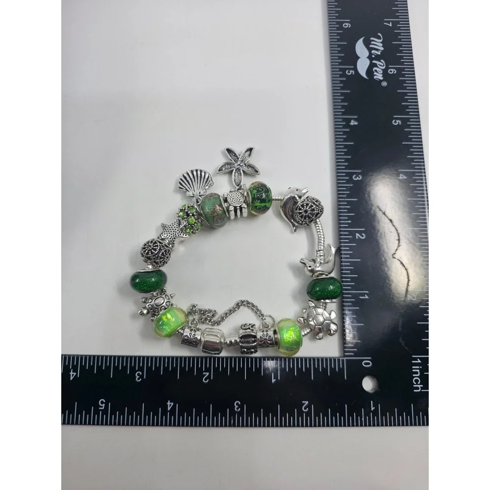 Green Ocean Charm Bracelet Sea Turtle Dolphin Starfish Glass Beads‎ Silver Tone